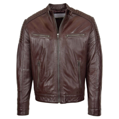 Mens Leather Cafe Racer Biker Jacket Ron Brown - genuine leather jacket in brown with four outer pockets