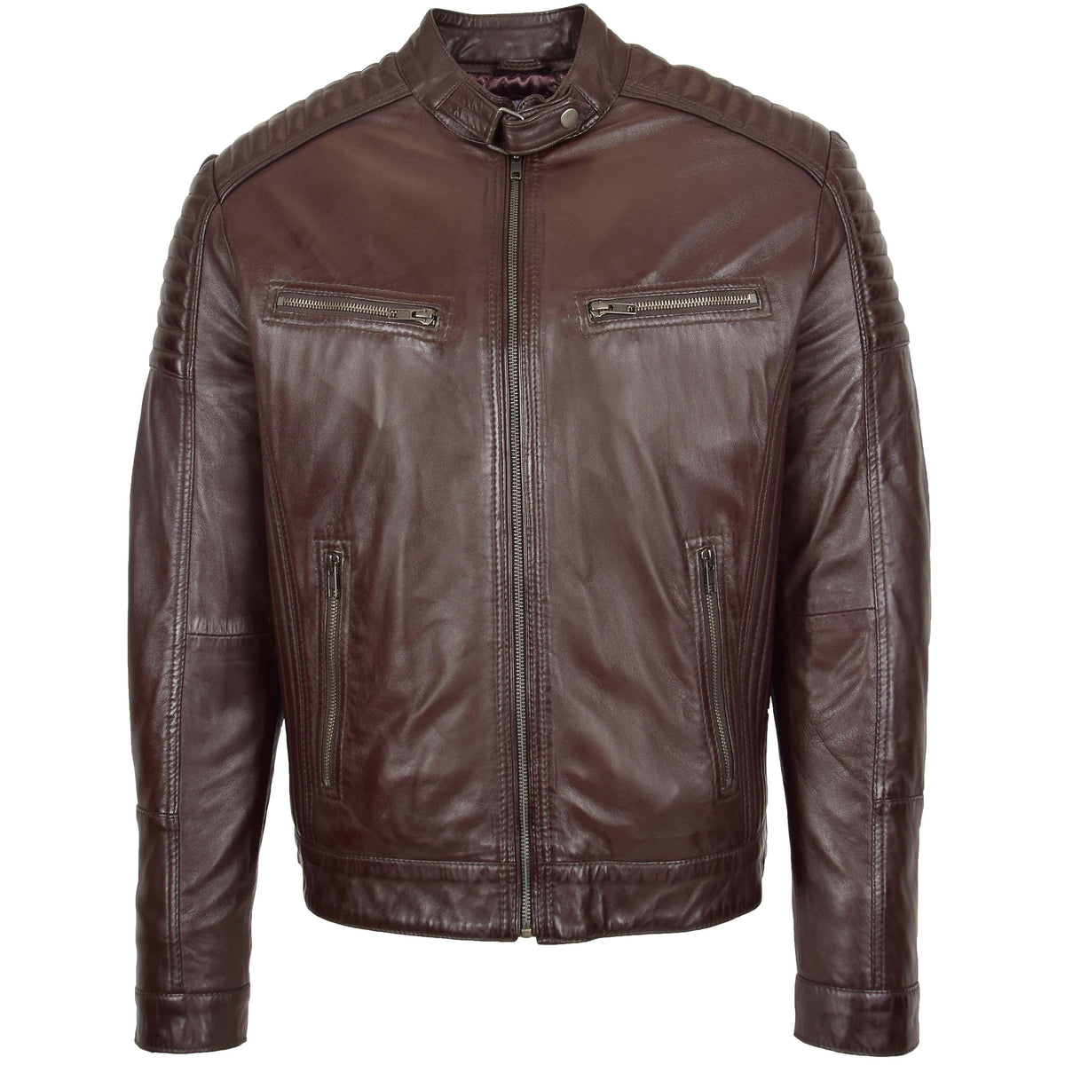 Mens Leather Cafe Racer Biker Jacket Ron Brown - genuine leather jacket in brown with biker