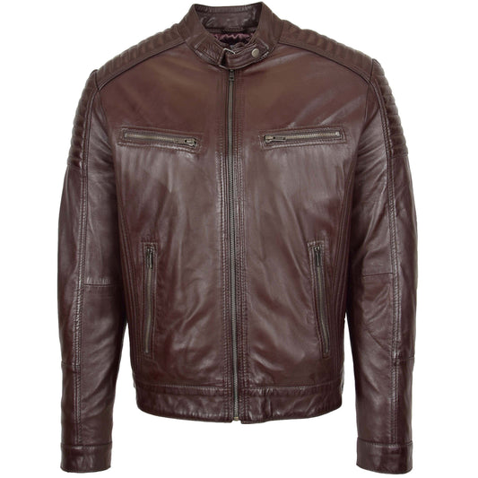 Mens Leather Cafe Racer Biker Jacket Ron Brown - genuine leather jacket in brown with biker
