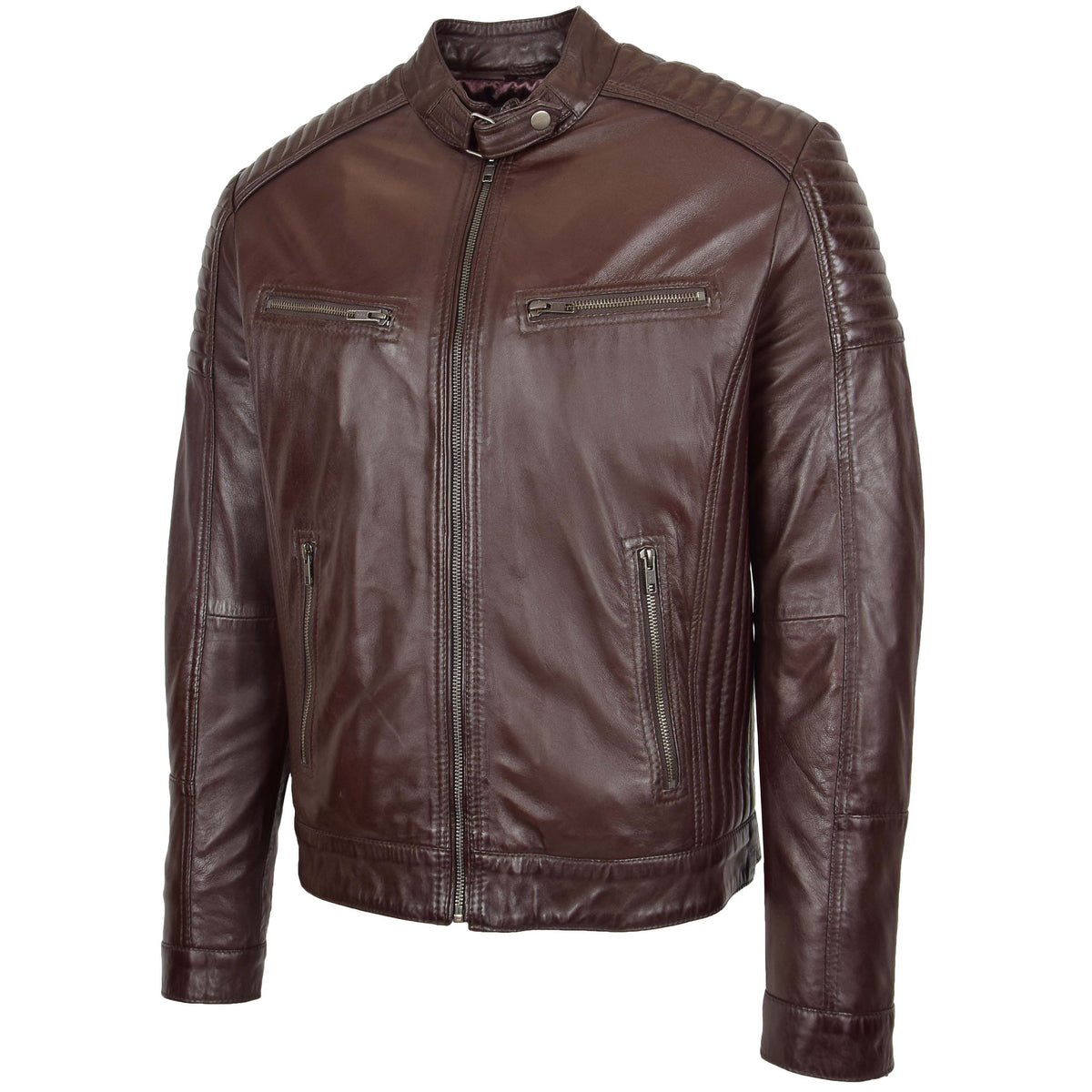 Mens Leather Cafe Racer Biker Jacket Ron Brown - genuine leather jacket in brown with four outer pockets