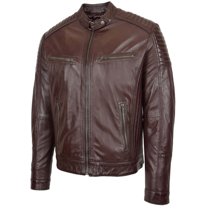 Mens Leather Cafe Racer Biker Jacket Ron Brown - genuine leather jacket in brown with four outer pockets