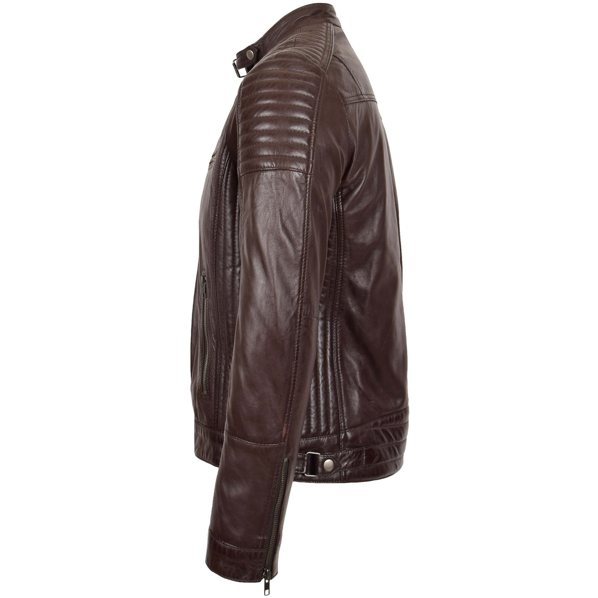 Mens Leather Cafe Racer Biker Jacket Ron Brown - genuine leather jacket in brown with biker