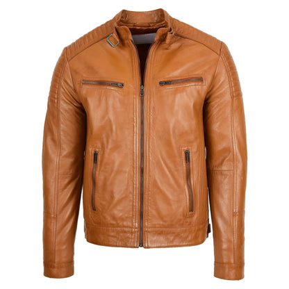Mens Leather Cafe Racer Biker Jacket Ron Tan - genuine leather jacket in tan with four outer pockets