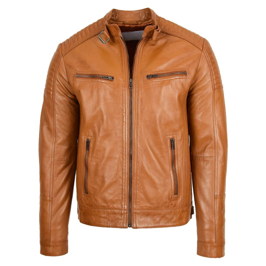 Mens Leather Cafe Racer Biker Jacket Ron Tan - genuine leather jacket in tan with four outer pockets