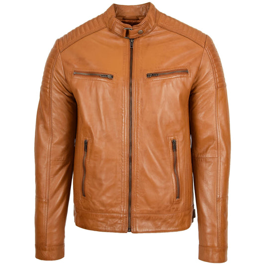 Mens Leather Cafe Racer Biker Jacket Ron Tan - genuine leather jacket in tan with biker