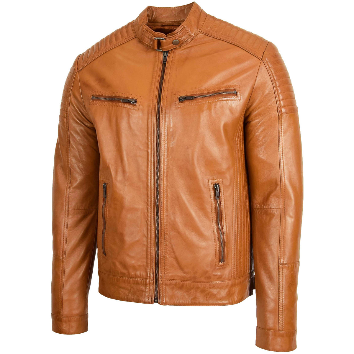 Mens Leather Cafe Racer Biker Jacket Ron Tan - genuine leather jacket in tan with four outer pockets