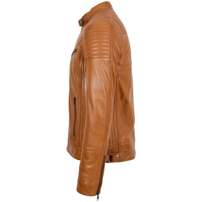 Mens Leather Cafe Racer Biker Jacket Ron Tan - genuine leather jacket in tan with biker