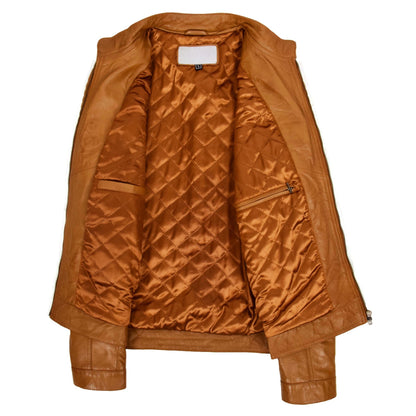 Mens Leather Cafe Racer Biker Jacket Ron Tan - genuine leather jacket in tan with four outer pockets