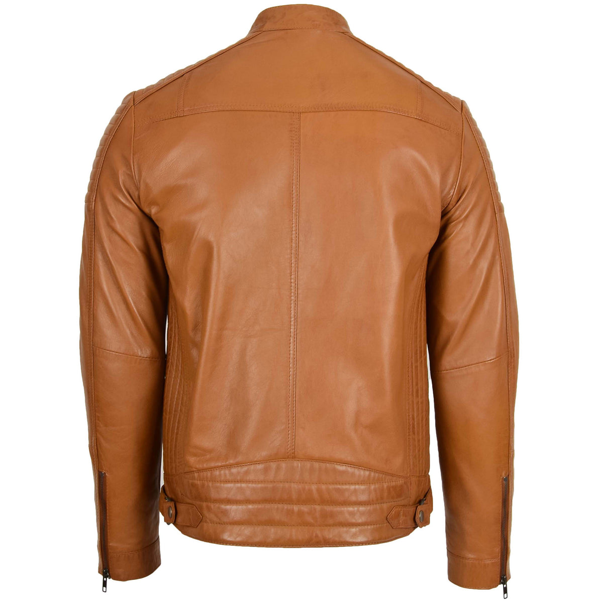 Mens Leather Cafe Racer Biker Jacket Ron Tan - genuine leather jacket in tan with biker
