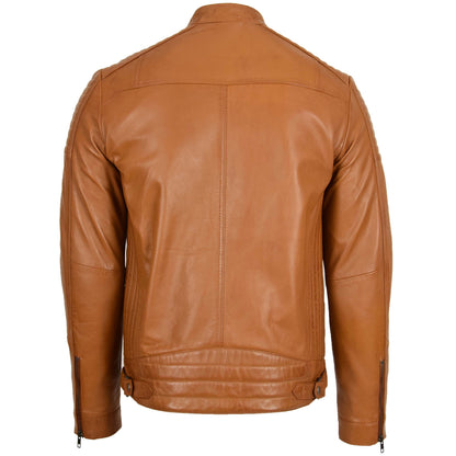 Mens Leather Cafe Racer Biker Jacket Ron Tan - genuine leather jacket in tan with biker