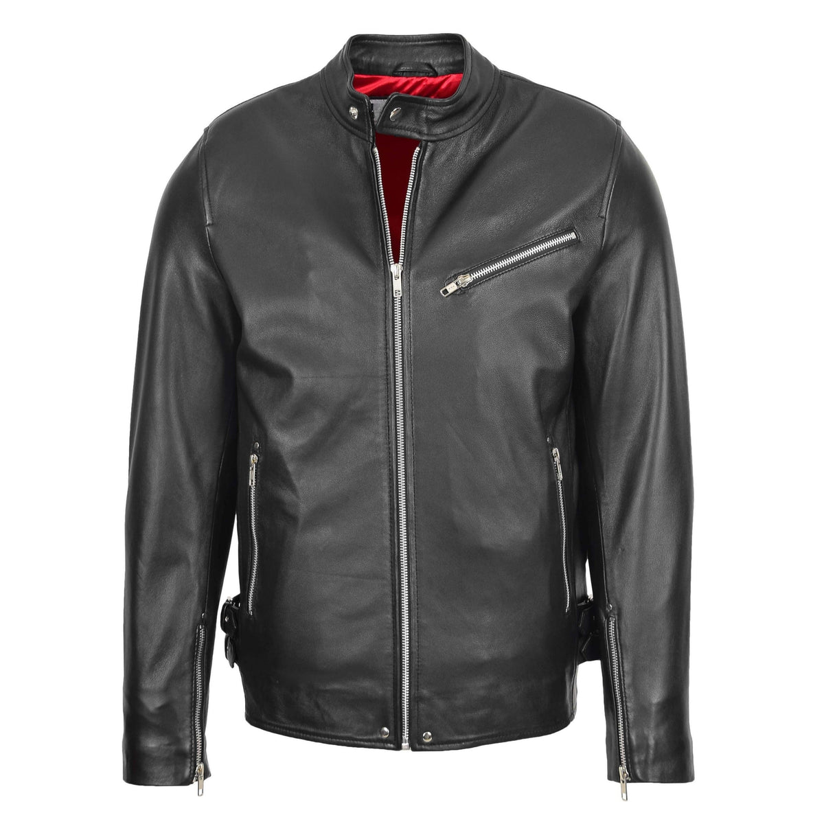 Mens Leather Cafe Racer Casual Biker Jacket Gerard Black - genuine leather jacket in black with three outer pockets