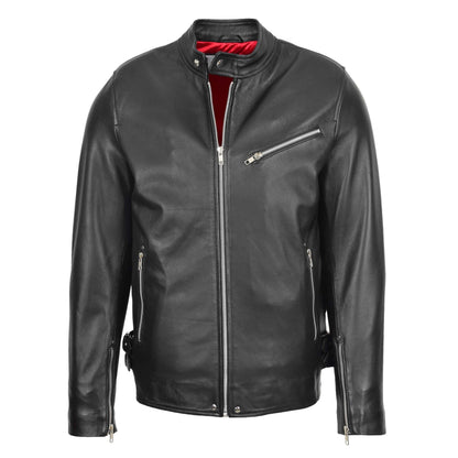 Mens Leather Cafe Racer Casual Biker Jacket Gerard Black - genuine leather jacket in black with three outer pockets