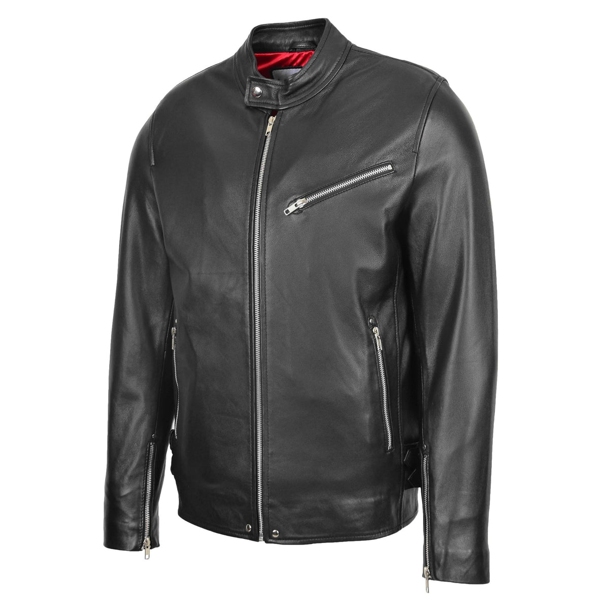 Mens Leather Cafe Racer Casual Biker Jacket Gerard Black - genuine leather jacket in black with three outer pockets