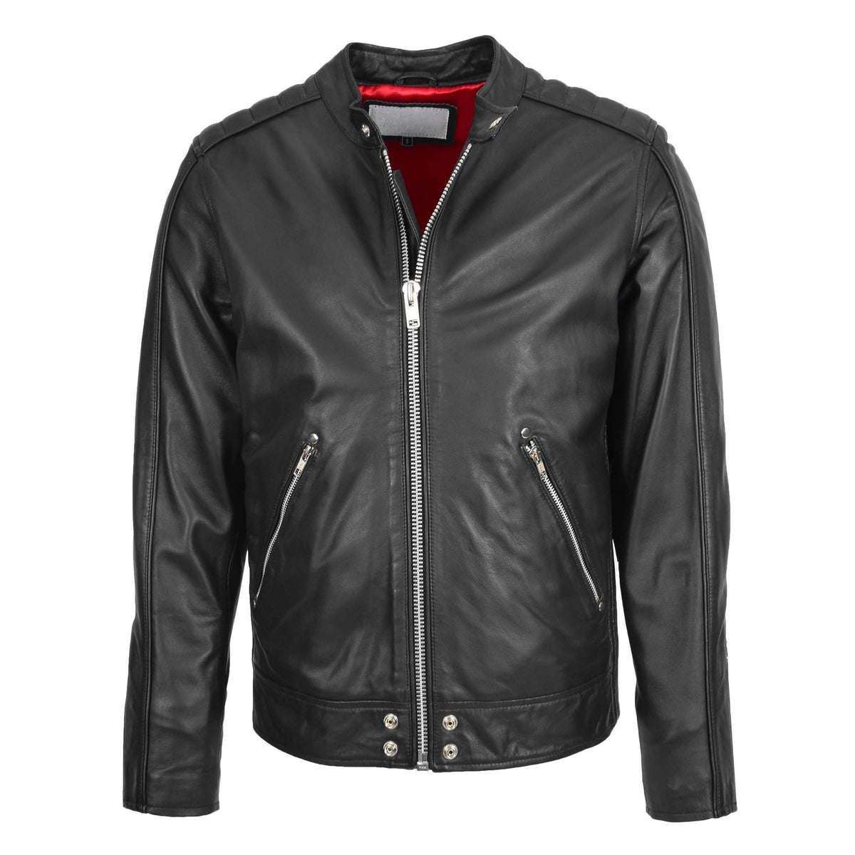 Mens Leather Casual Biker Fashion Jacket Andy Black - genuine leather jacket in black with two outer pockets