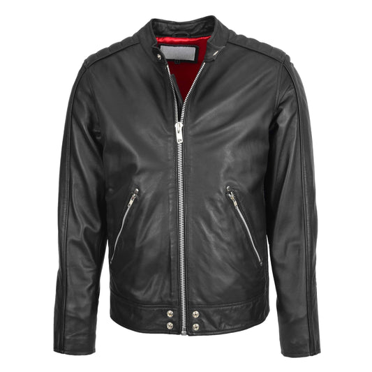 Mens Leather Casual Biker Fashion Jacket Andy Black - genuine leather jacket in black with two outer pockets