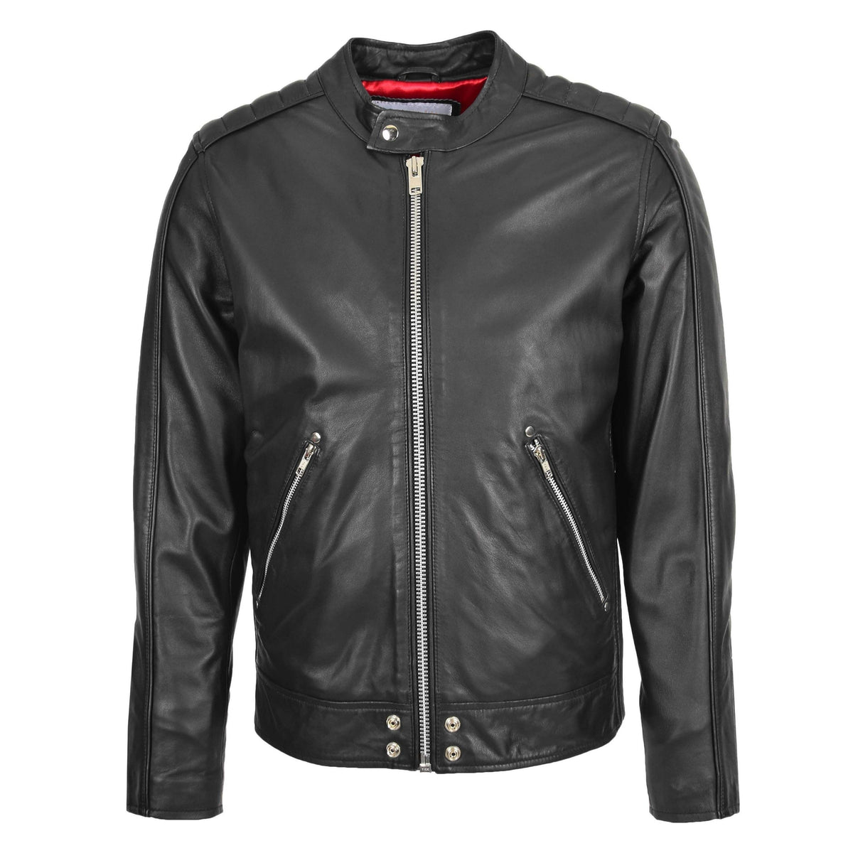Mens Leather Casual Biker Fashion Jacket Andy Black - genuine leather jacket in black with biker