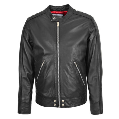 Mens Leather Casual Biker Fashion Jacket Andy Black - genuine leather jacket in black with biker
