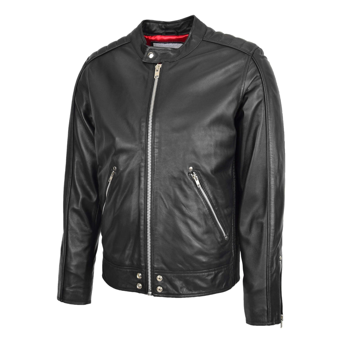 Mens Leather Casual Biker Fashion Jacket Andy Black - genuine leather jacket in black with two outer pockets
