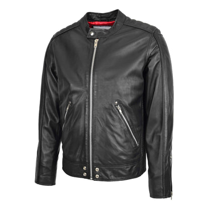 Mens Leather Casual Biker Fashion Jacket Andy Black - genuine leather jacket in black with two outer pockets