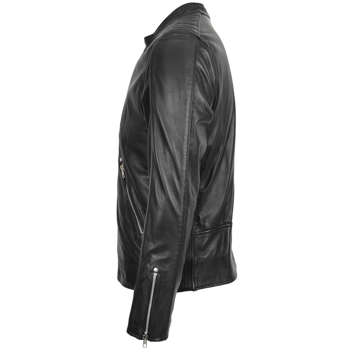 Mens Leather Casual Biker Fashion Jacket Andy Black - genuine leather jacket in black with biker
