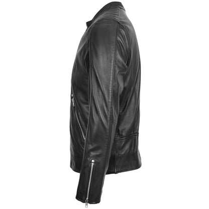 Mens Leather Casual Biker Fashion Jacket Andy Black - genuine leather jacket in black with biker
