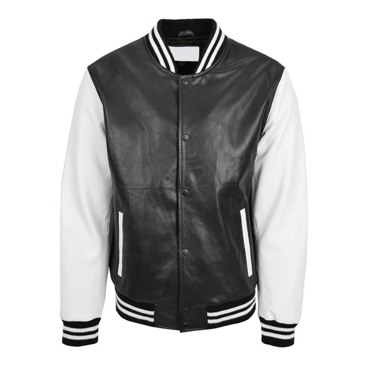 Mens Leather College Boy Varsity Jacket Garry Black White - genuine leather jacket in black white with two outer pockets