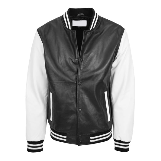 Mens Leather College Boy Varsity Jacket Garry Black White - genuine leather jacket in black white with varsity
