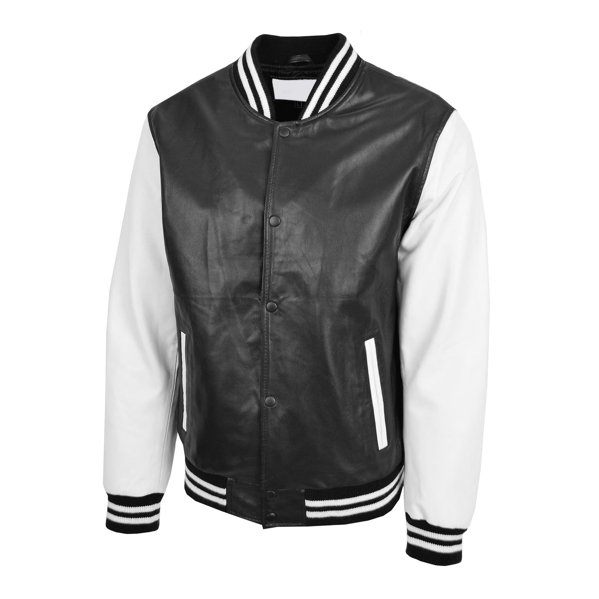 Mens Leather College Boy Varsity Jacket Garry Black White - genuine leather jacket in black white with two outer pockets