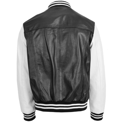 Mens Leather College Boy Varsity Jacket Garry Black White - genuine leather jacket in black white with varsity