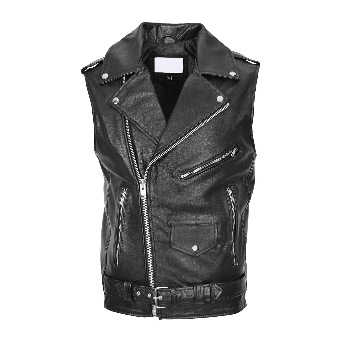 Mens Leather Cross Zip Biker Brando Gilet Jones Black - genuine leather vest in black with four outer pockets