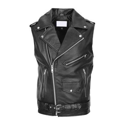 Mens Leather Cross Zip Biker Brando Gilet Jones Black - genuine leather vest in black with four outer pockets