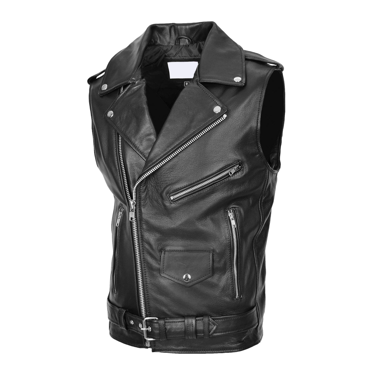 Mens Leather Cross Zip Biker Brando Gilet Jones Black - genuine leather vest in black with cross zip