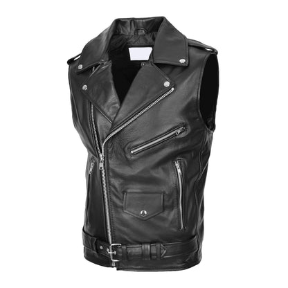 Mens Leather Cross Zip Biker Brando Gilet Jones Black - genuine leather vest in black with cross zip