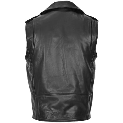 Mens Leather Cross Zip Biker Brando Gilet Jones Black - genuine leather vest in black with four outer pockets