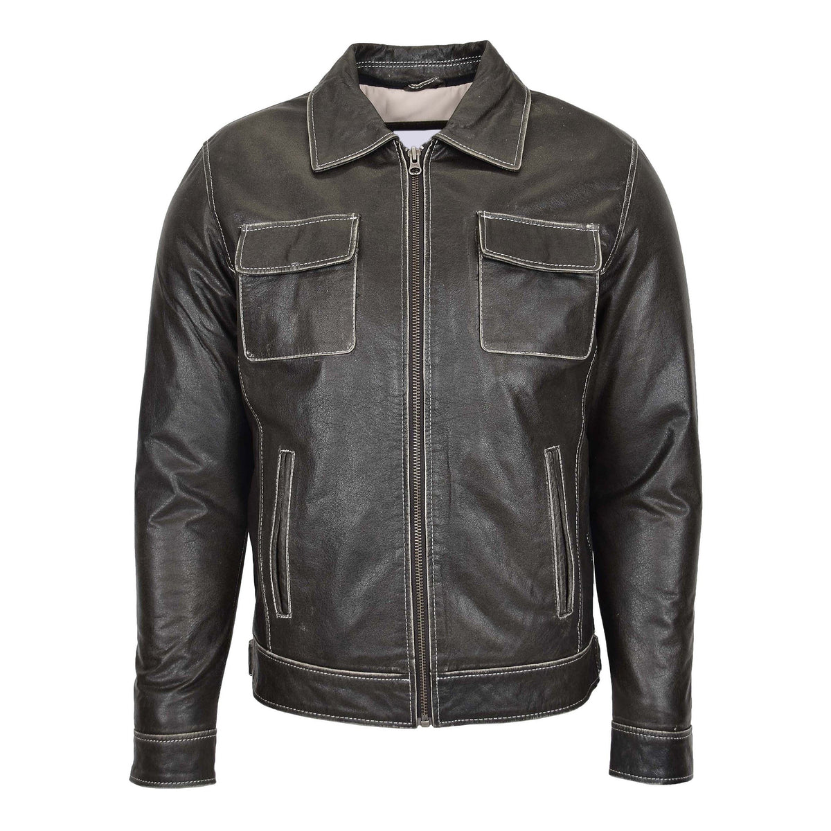 Mens Leather Detachable Hoodie Work Jacket Cypher Grey - genuine leather jacket in grey with detachable hood