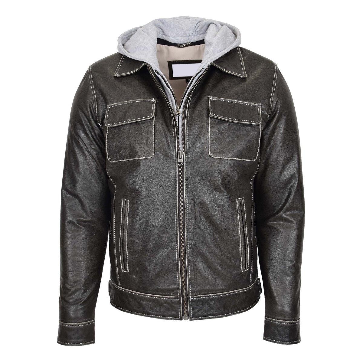 Mens Leather Detachable Hoodie Work Jacket Cypher Grey - genuine leather jacket in grey with four outer pockets
