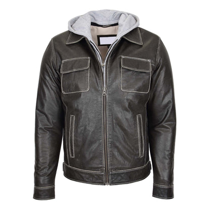Mens Leather Detachable Hoodie Work Jacket Cypher Grey - genuine leather jacket in grey with four outer pockets