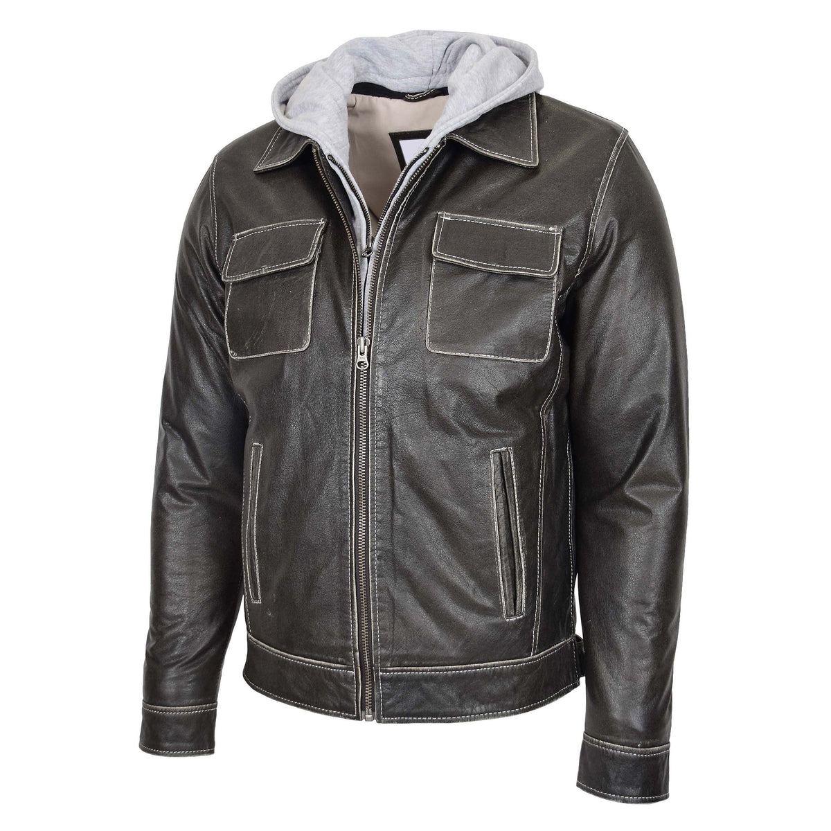 Mens Leather Detachable Hoodie Work Jacket Cypher Grey - genuine leather jacket in grey with four outer pockets