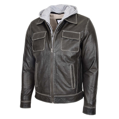 Mens Leather Detachable Hoodie Work Jacket Cypher Grey - genuine leather jacket in grey with four outer pockets