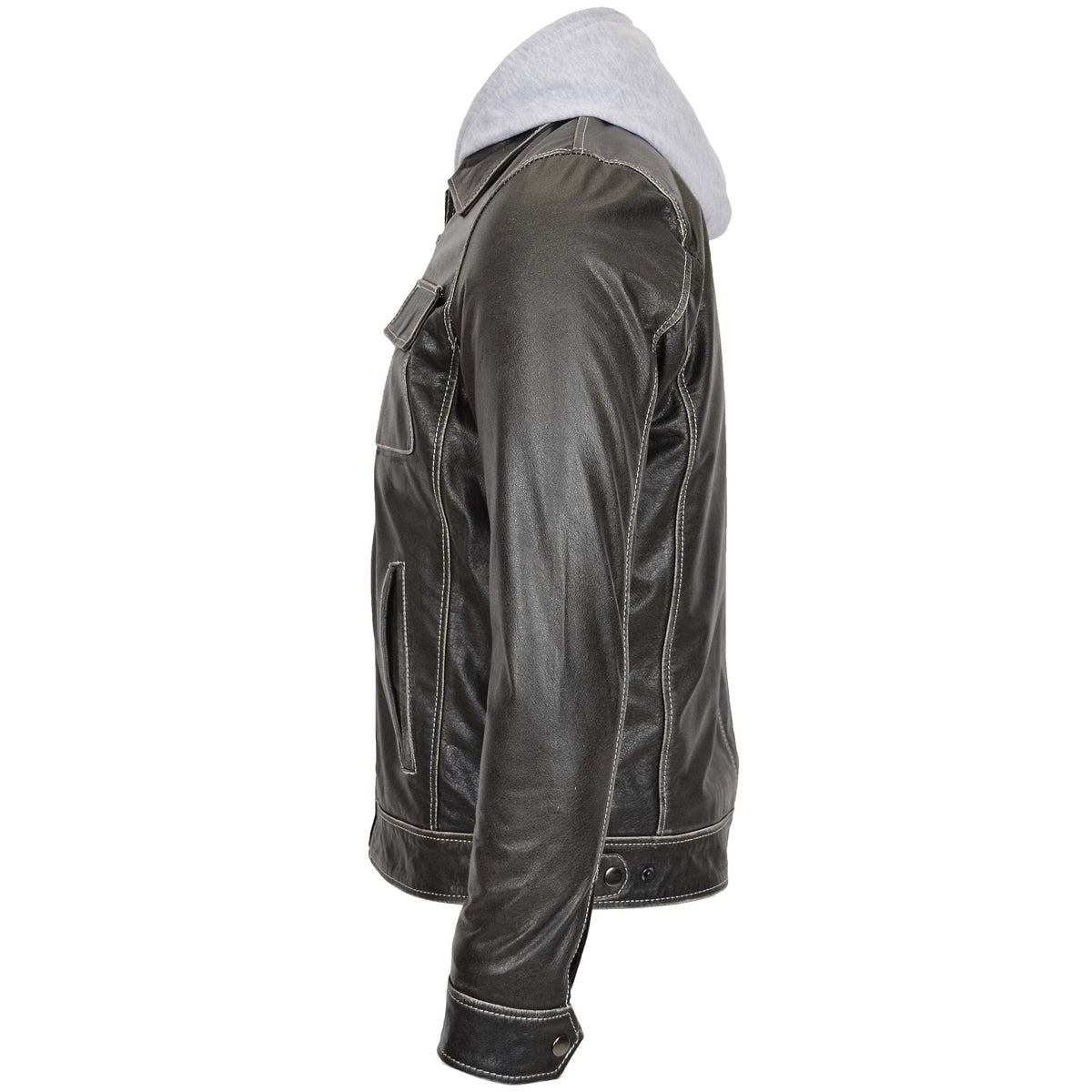 Mens Leather Detachable Hoodie Work Jacket Cypher Grey - genuine leather jacket in grey with detachable hood