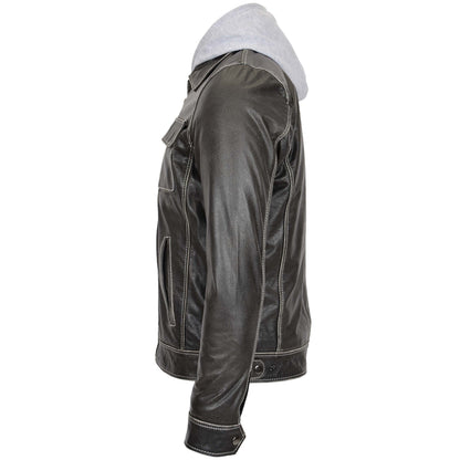 Mens Leather Detachable Hoodie Work Jacket Cypher Grey - genuine leather jacket in grey with detachable hood