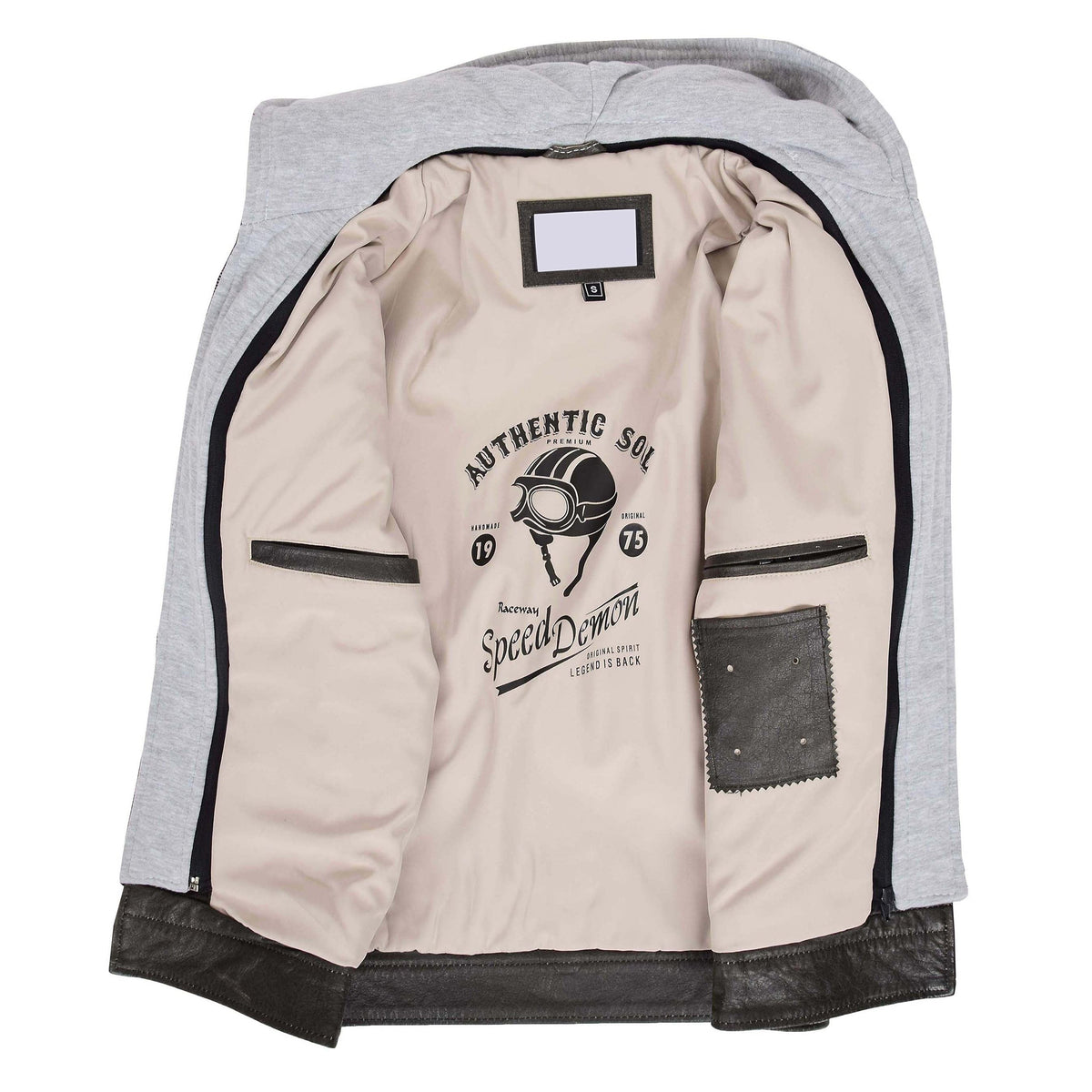 Mens Leather Detachable Hoodie Work Jacket Cypher Grey - genuine leather jacket in grey with four outer pockets
