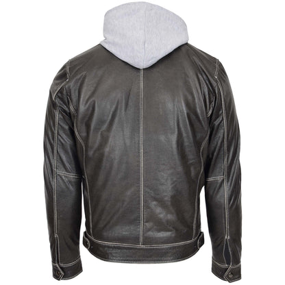 Mens Leather Detachable Hoodie Work Jacket Cypher Grey - genuine leather jacket in grey with detachable hood