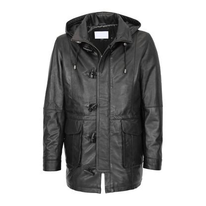 Mens Leather Duffle Coat with Hoodie Jack Black - genuine leather coat in black with four outer pockets