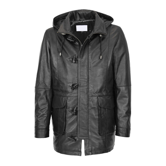 Mens Leather Duffle Coat with Hoodie Jack Black - genuine leather coat in black with four outer pockets