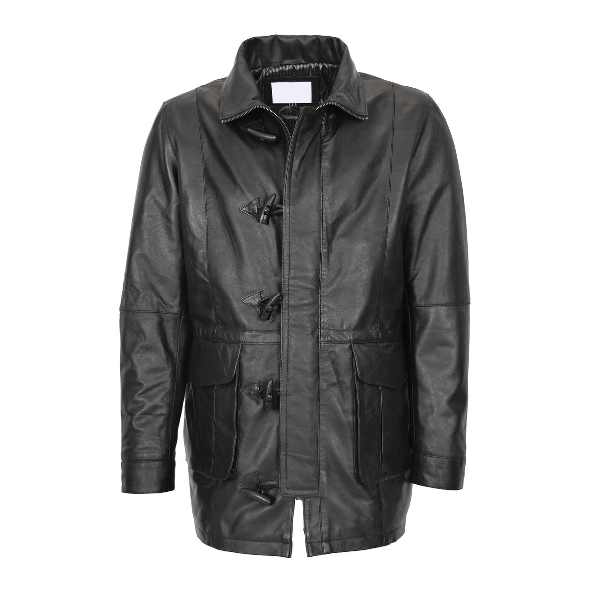 Mens Leather Duffle Coat with Hoodie Jack Black - genuine leather coat in black with duffle