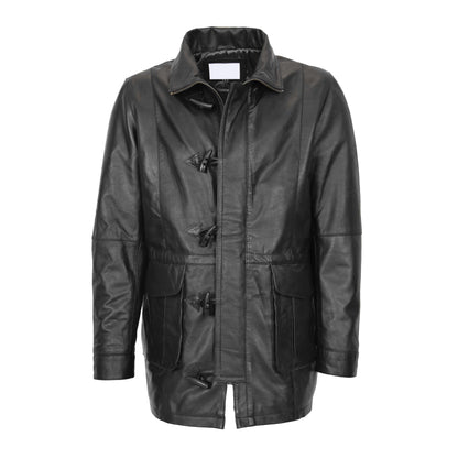 Mens Leather Duffle Coat with Hoodie Jack Black - genuine leather coat in black with duffle