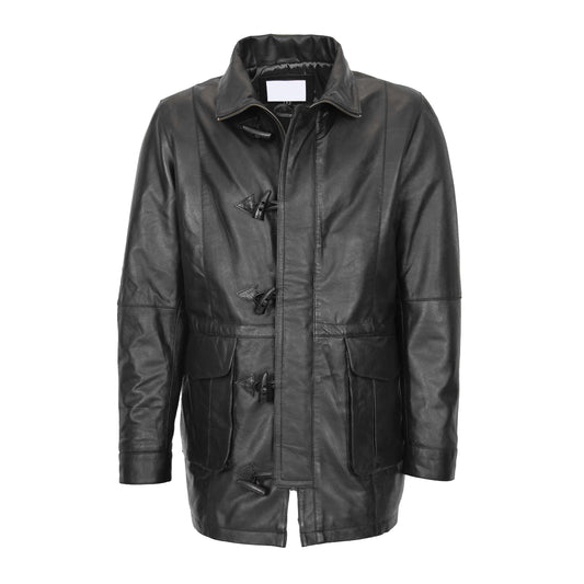 Mens Leather Duffle Coat with Hoodie Jack Black - genuine leather coat in black with duffle