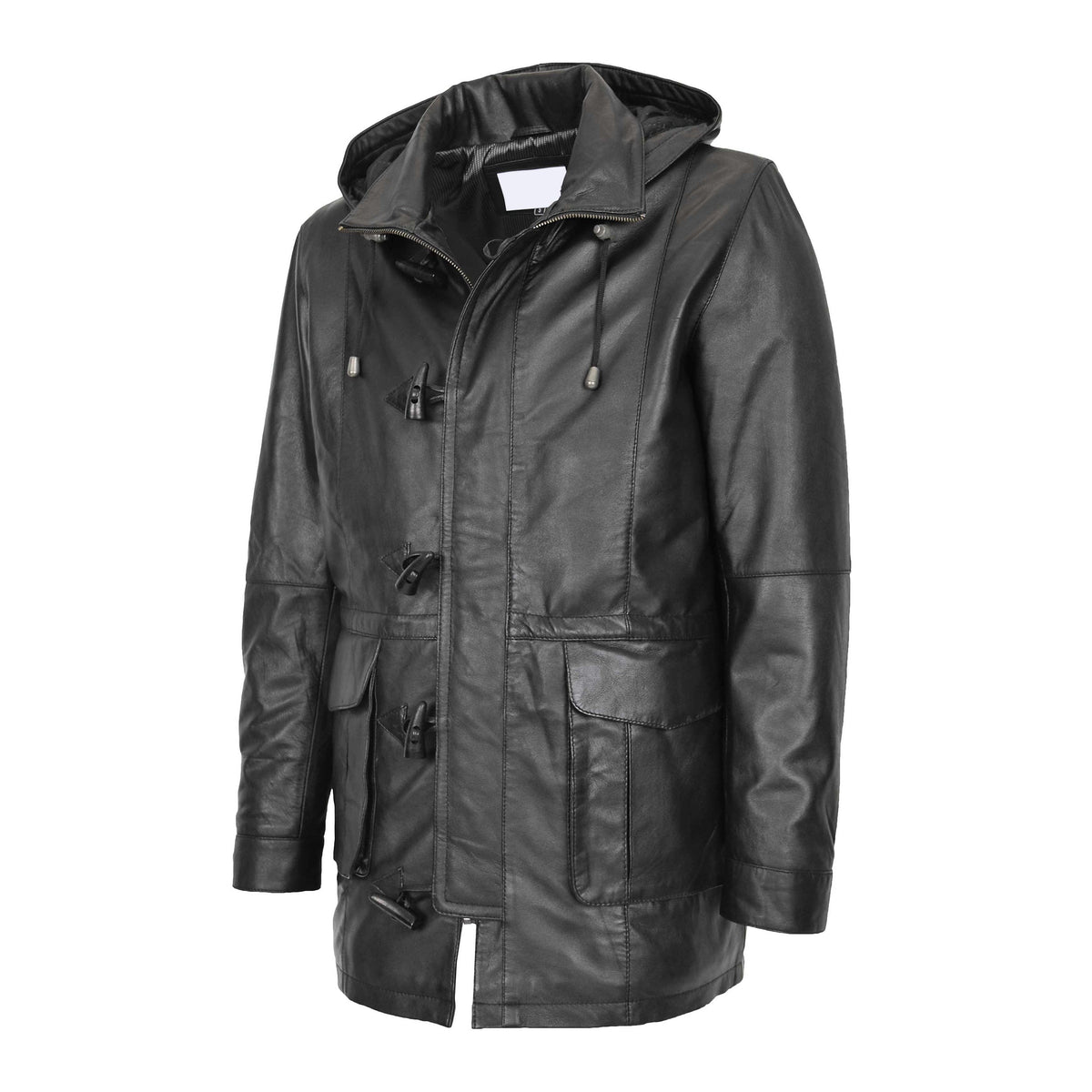 Mens Leather Duffle Coat with Hoodie Jack Black - genuine leather coat in black with four outer pockets