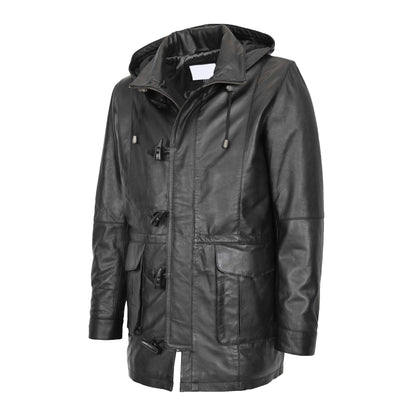 Mens Leather Duffle Coat with Hoodie Jack Black - genuine leather coat in black with four outer pockets